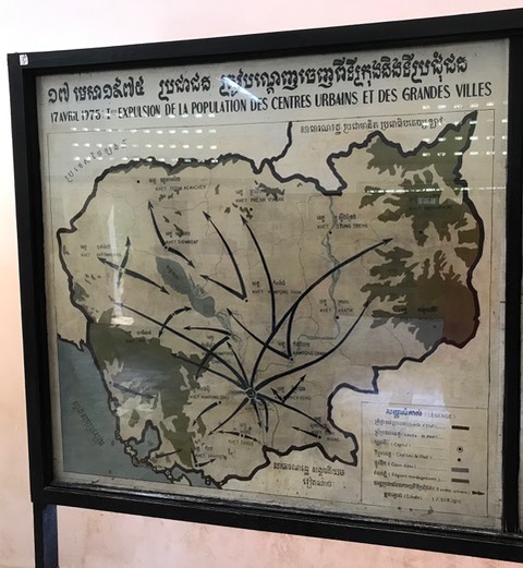 A framed map with arrows showing people's movement during Khmer Rouge's regime
